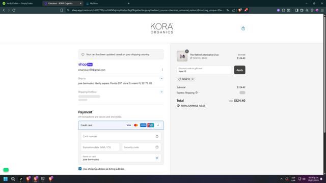 KORA Organics checkout page showing KORA Organics discount code box | Screenshot taken by SimplyCodes community member on Jul 20, 2025