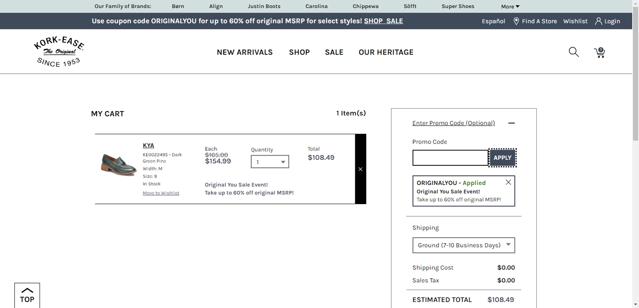 Kork-Ease checkout page showing Kork-Ease promo code box | Screenshot taken by SimplyCodes community member on Dec 3, 2024