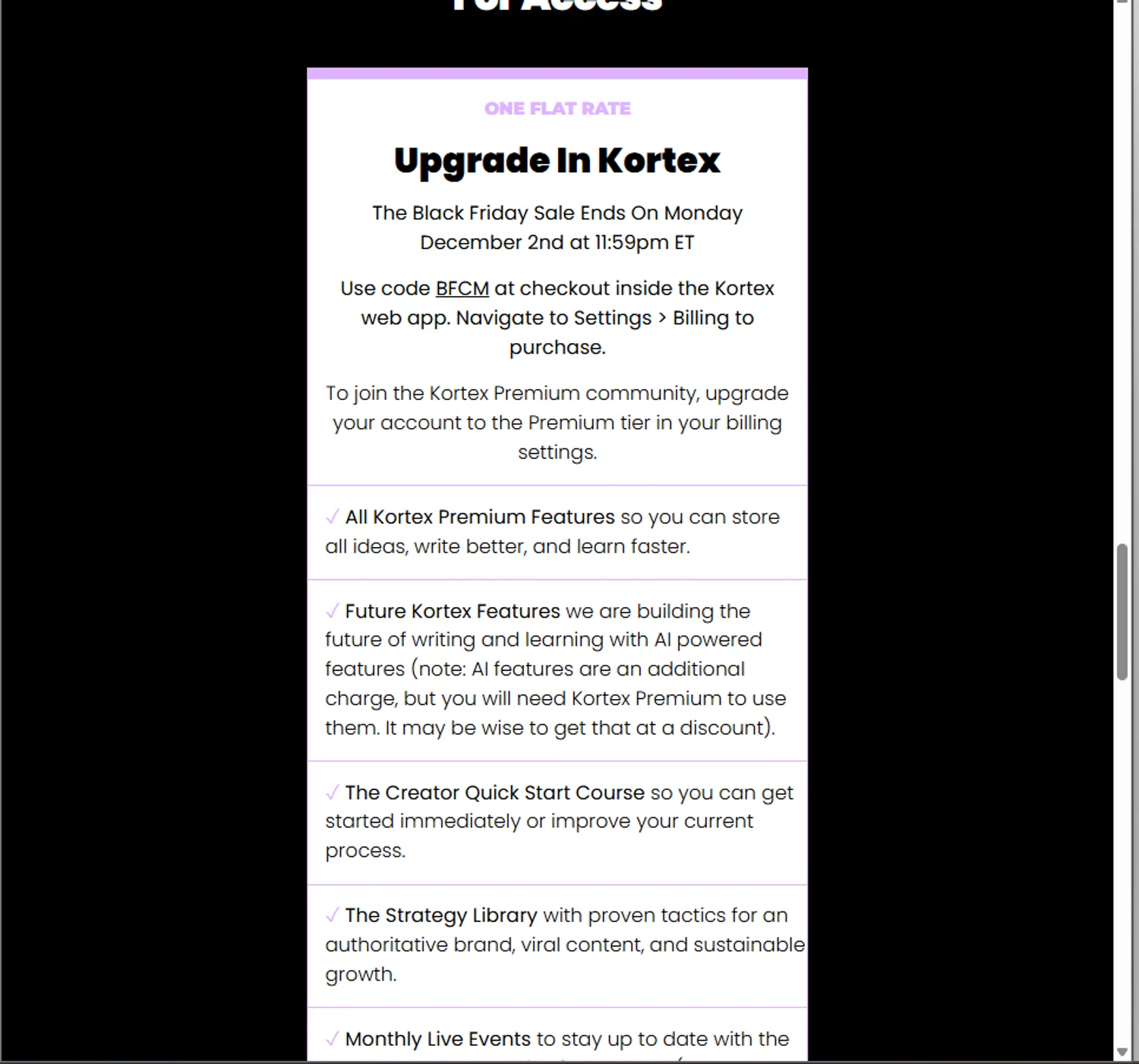 Kortex promo code screenshot showing code BFCM applied at Kortex checkout page. Uploaded by SimplyCodes community member PillarsofCreation on Nov 10, 2025