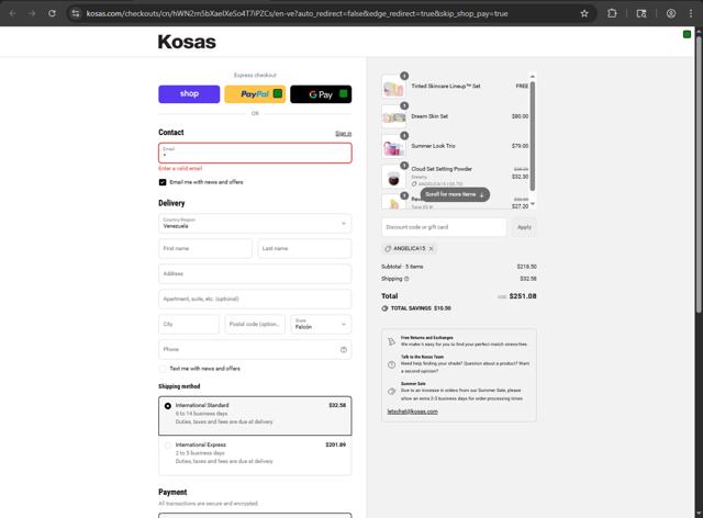 Kosas Cosmetics checkout page showing Kosas Cosmetics promo code box | Screenshot taken by SimplyCodes community member on Sep 11, 2025