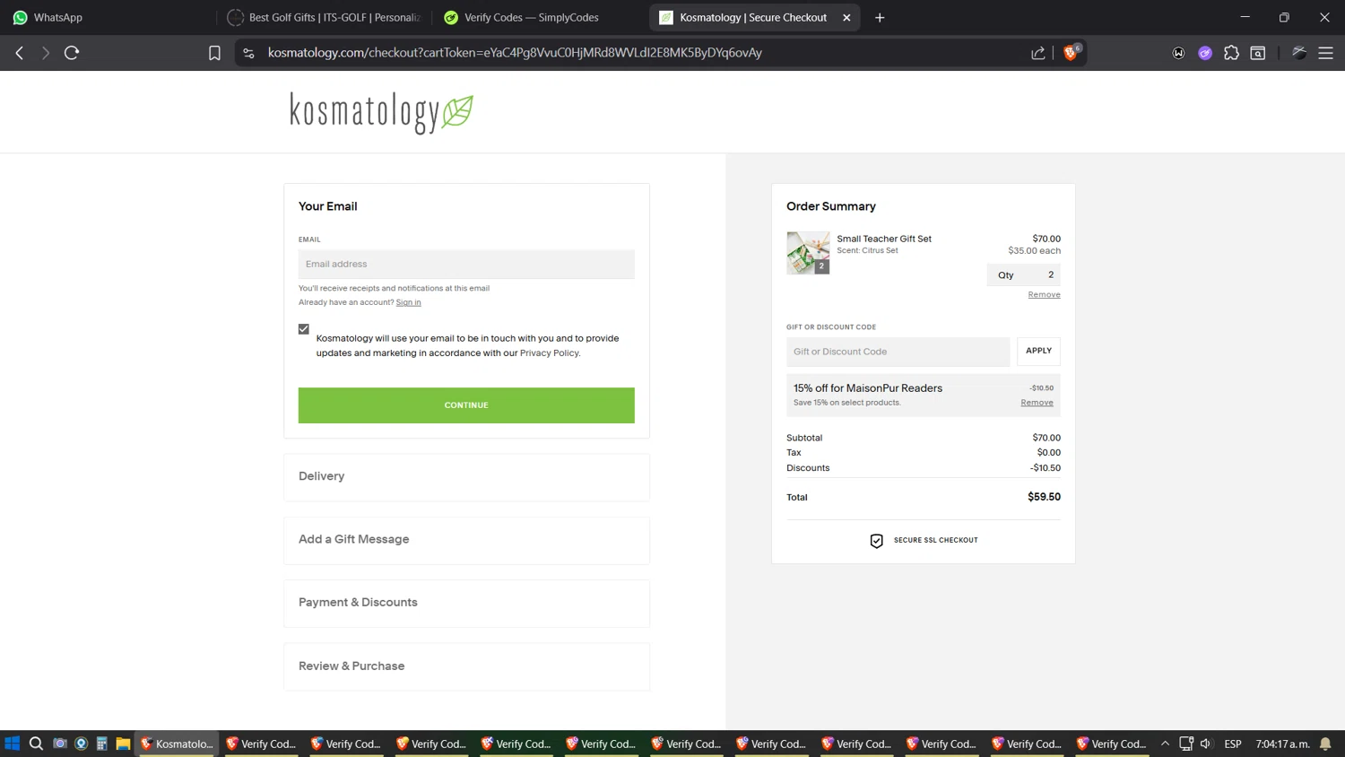 Kosmatology coupon code screenshot showing code MAISONPUR applied at Kosmatology checkout page. Uploaded by SimplyCodes community member SimplyGOAT on Jul 1, 2025