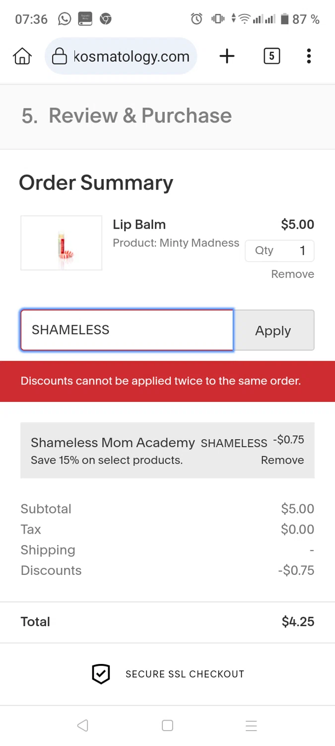 Kosmatology coupon code screenshot showing code SHAMELESS applied at Kosmatology checkout page. Uploaded by SimplyCodes community member SilverMaven6092 on Jan 8, 2025