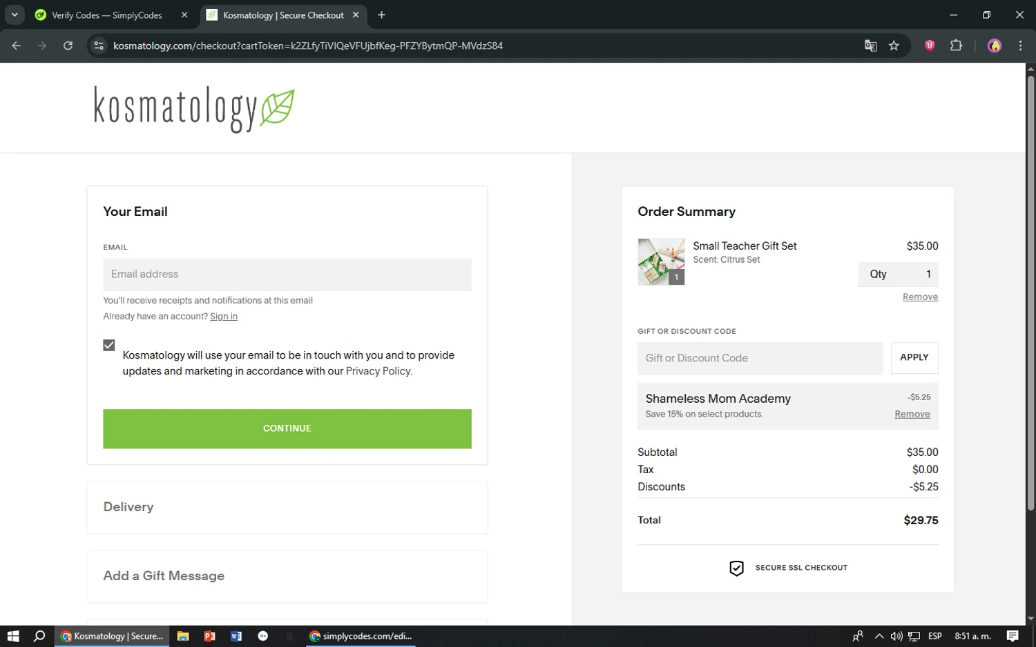Kosmatology coupon code screenshot showing code SHAMELESS applied at Kosmatology checkout page. Uploaded by SimplyCodes community member TreasureShopper9156 on Jul 27, 2025