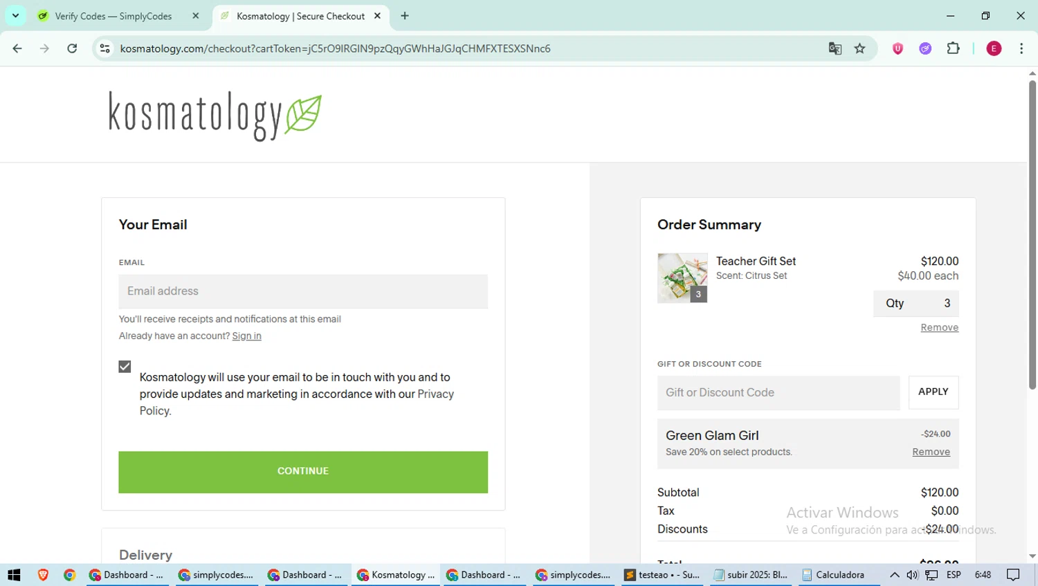 Kosmatology coupon code screenshot showing code GREENGLAMGIRL applied at Kosmatology checkout page. Uploaded by SimplyCodes community member BrilliantWhiz4434 on Jul 1, 2025