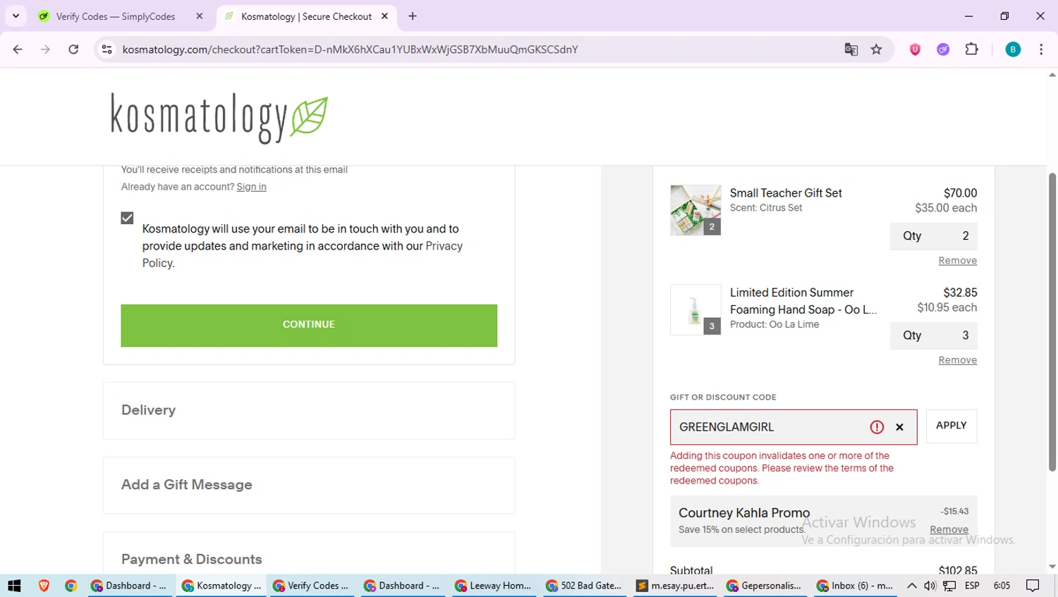 Kosmatology coupon code screenshot showing code GREENGLAMGIRL applied at Kosmatology checkout page. Uploaded by SimplyCodes community member QuestScholar5572 on Jun 17, 2025