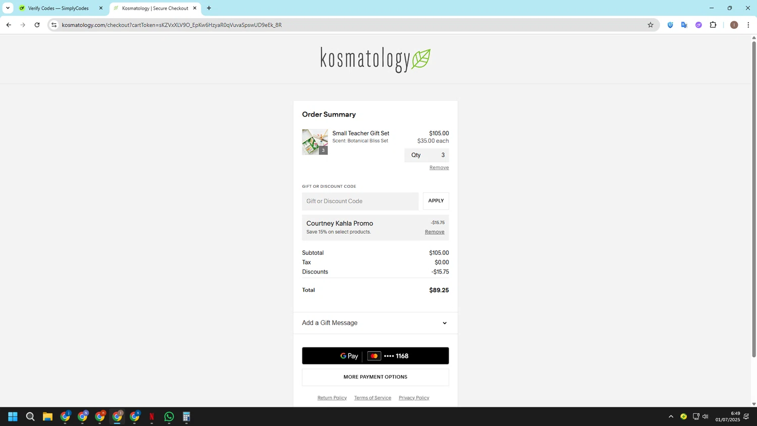 Kosmatology coupon code screenshot showing code DRCOURTNEY applied at Kosmatology checkout page. Uploaded by SimplyCodes community member CashSleuth106 on Jul 1, 2025