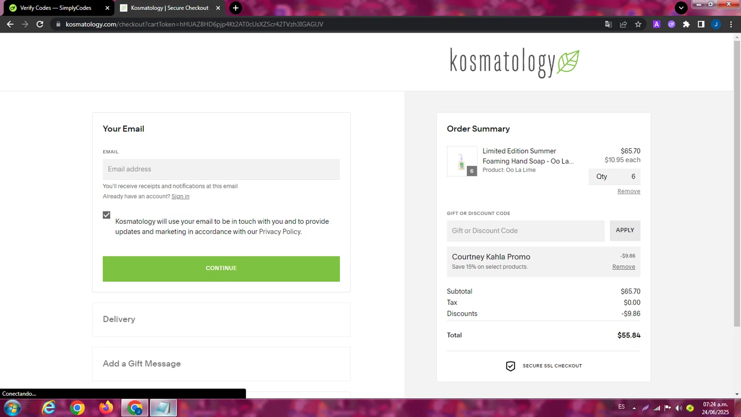 Kosmatology coupon code screenshot showing code DRCOURTNEY applied at Kosmatology checkout page. Uploaded by SimplyCodes community member ExtraordinaryPhoenix9295 on Jun 24, 2025