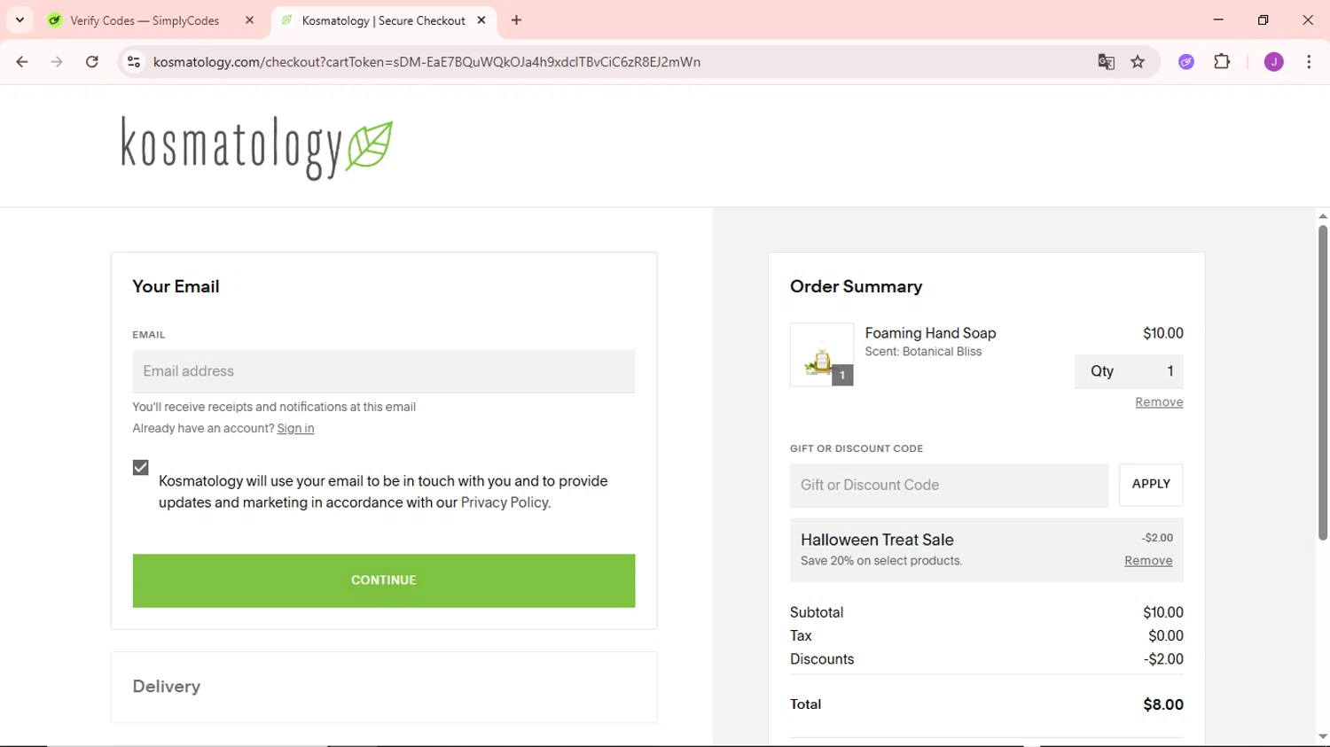 Kosmatology checkout page showing Kosmatology coupon code box | Screenshot taken by SimplyCodes community member on Nov 2, 2025