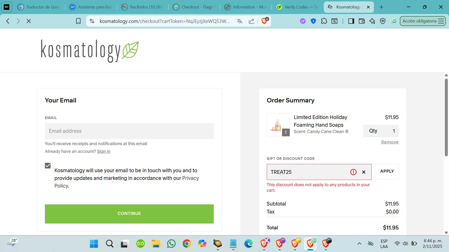 Kosmatology checkout page showing Kosmatology coupon code box | Screenshot taken by SimplyCodes community member on Nov 2, 2025