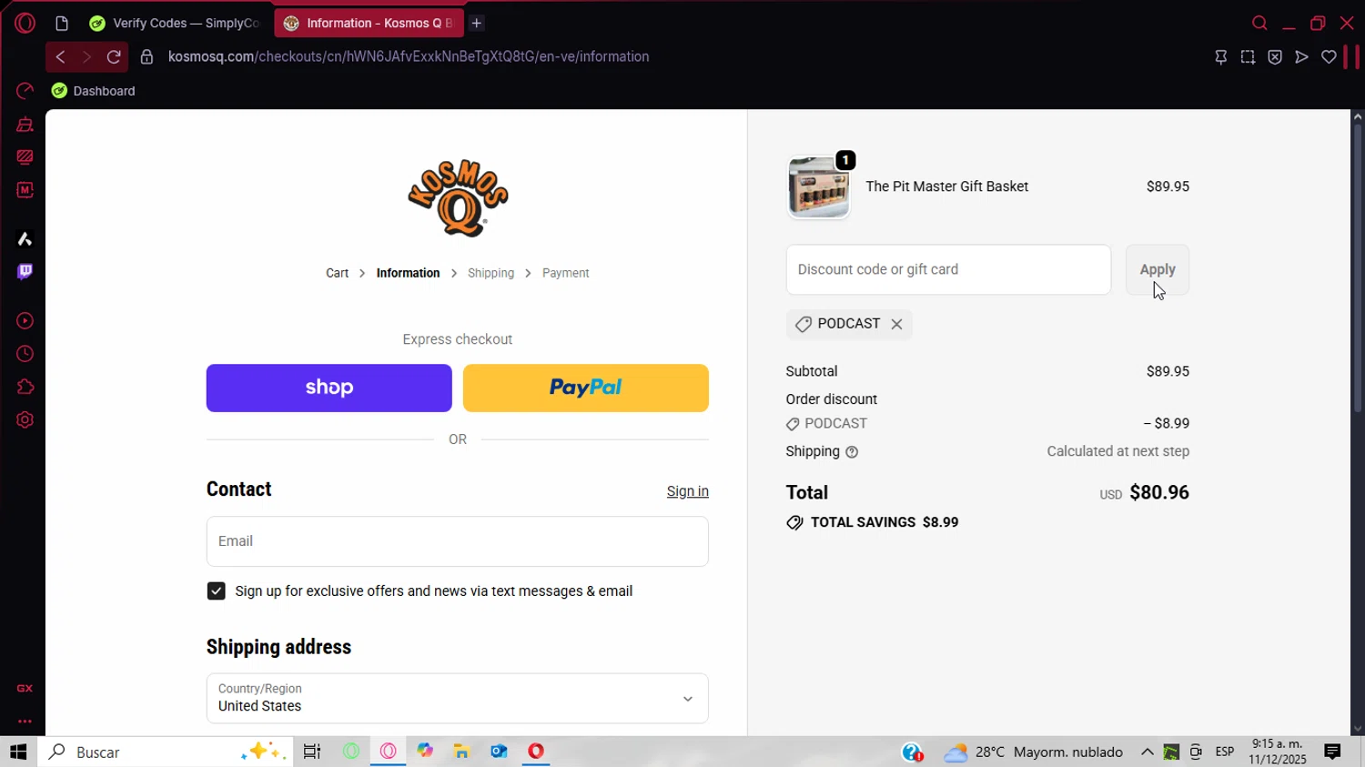 KosmosQ discount code screenshot showing code PODCAST applied at KosmosQ checkout page. Uploaded by SimplyCodes community member CoinPhoenix3025 on Dec 11, 2025