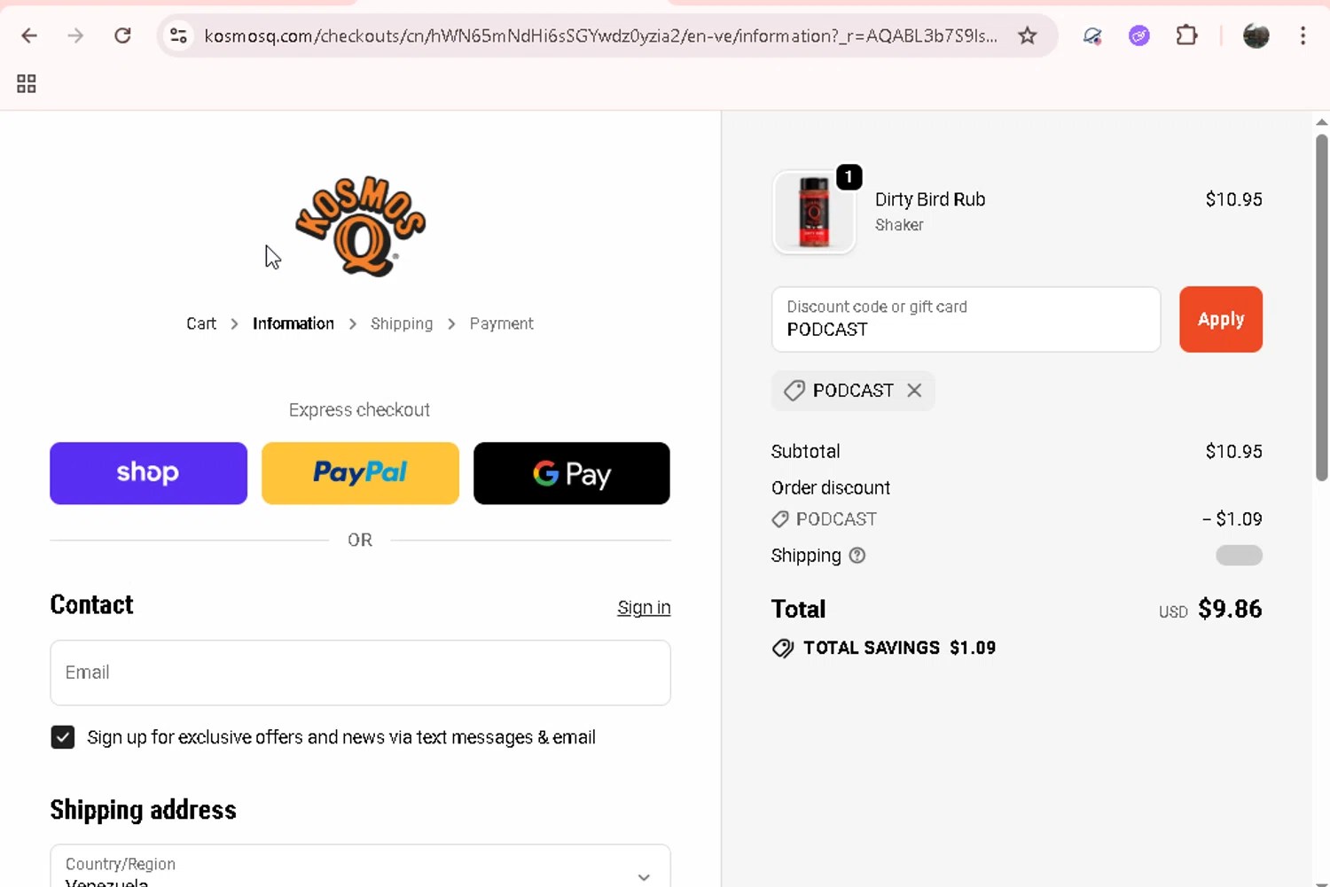 KosmosQ discount code screenshot showing code PODCAST applied at KosmosQ checkout page. Uploaded by SimplyCodes community member Jesusvasquezzz on Dec 5, 2025