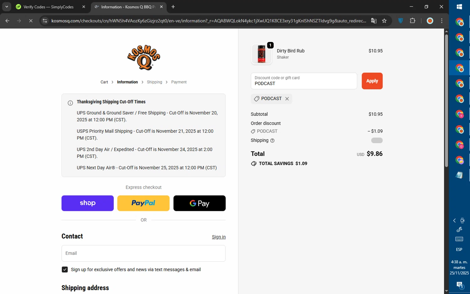 KosmosQ discount code screenshot showing code PODCAST applied at KosmosQ checkout page. Uploaded by SimplyCodes community member SalePhoenix823 on Nov 25, 2025