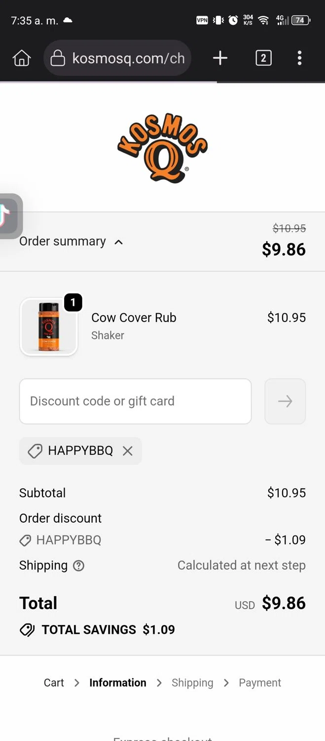 KosmosQ discount code screenshot showing code HAPPYBBQ applied at KosmosQ checkout page. Uploaded by SimplyCodes community member Diego_Soto on Nov 30, 2025
