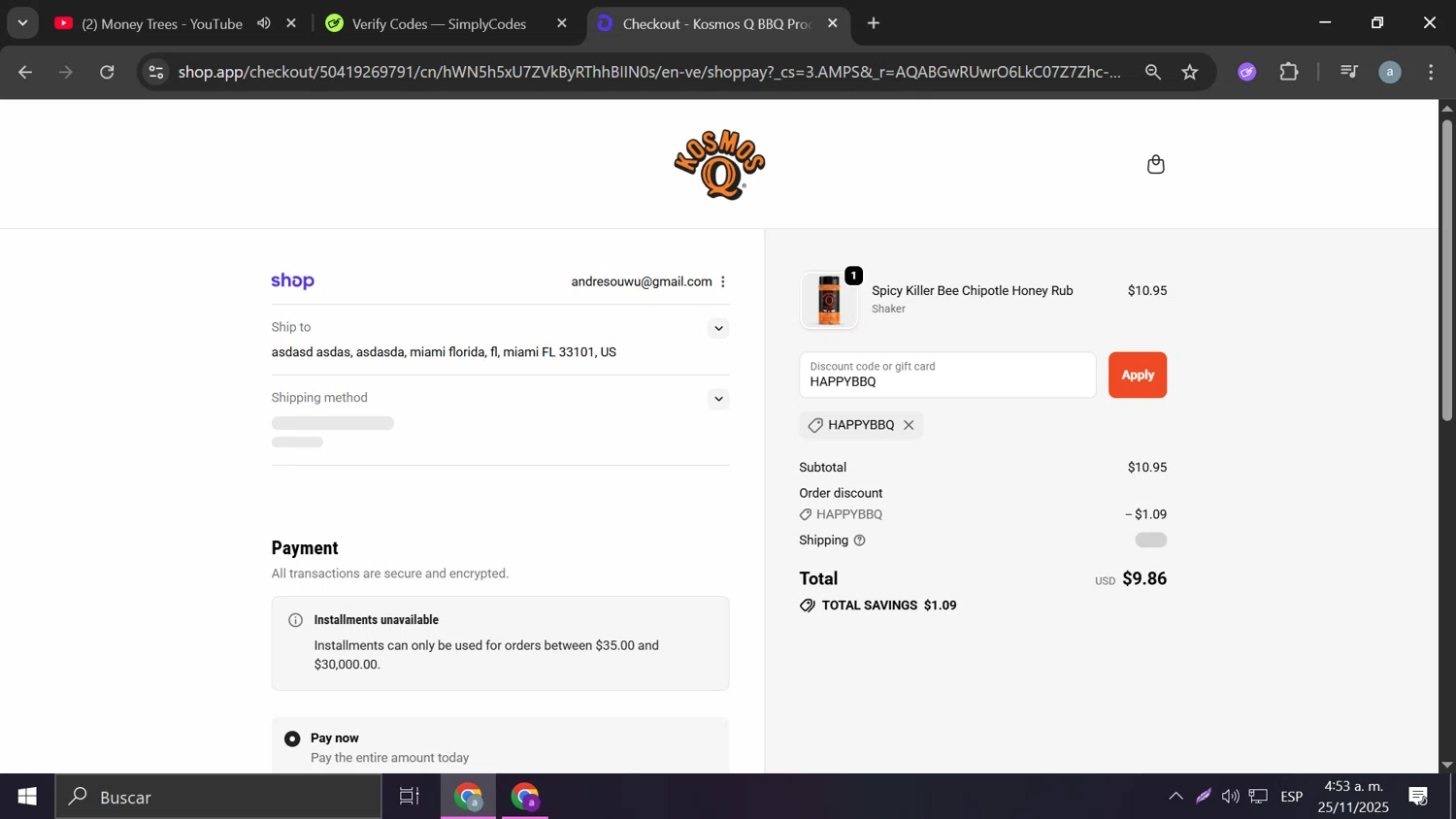 KosmosQ discount code screenshot showing code HAPPYBBQ applied at KosmosQ checkout page. Uploaded by SimplyCodes community member Frizk_1 on Nov 25, 2025