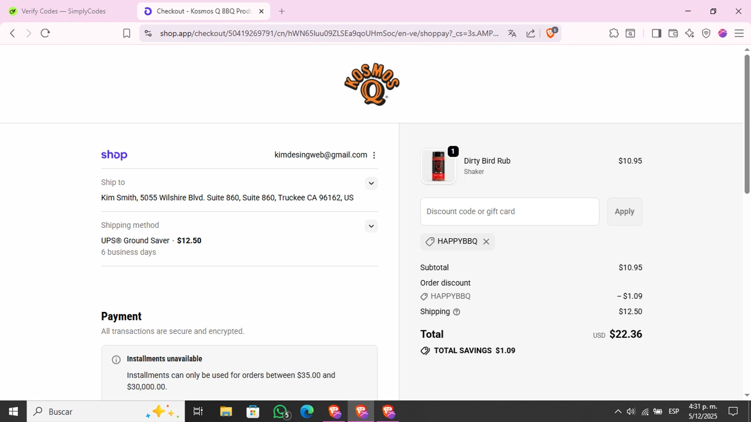 KosmosQ discount code screenshot showing code HAPPYBBQ applied at KosmosQ checkout page. Uploaded by SimplyCodes community member KimChrista_ on Dec 5, 2025