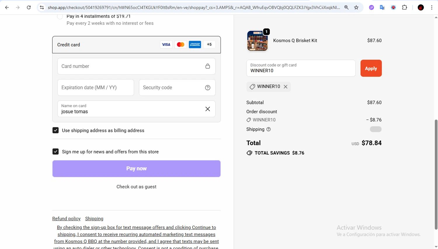 KosmosQ discount code screenshot showing code WINNER10 applied at KosmosQ checkout page. Uploaded by SimplyCodes community member Francisco01 on Dec 5, 2025