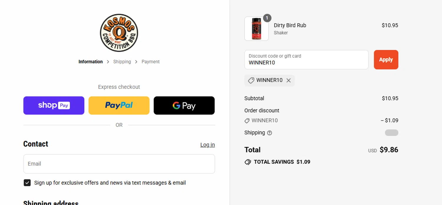 KosmosQ discount code screenshot showing code WINNER10 applied at KosmosQ checkout page. Uploaded by SimplyCodes community member Stun333 on Aug 9, 2025