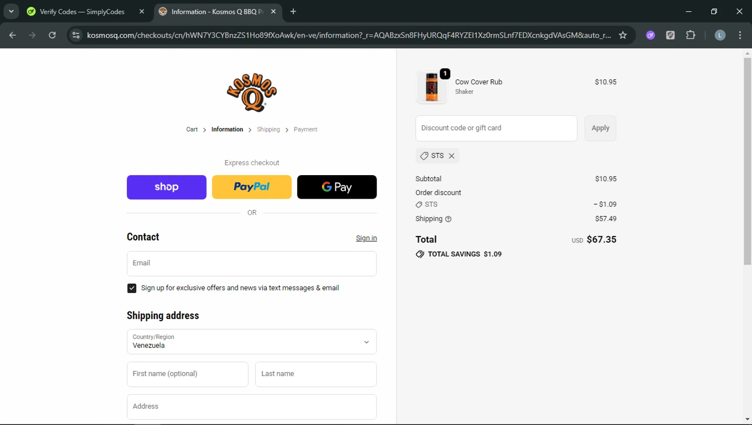KosmosQ discount code screenshot showing code STS applied at KosmosQ checkout page. Uploaded by SimplyCodes community member RoyalOwl5790 on Jan 13, 2026
