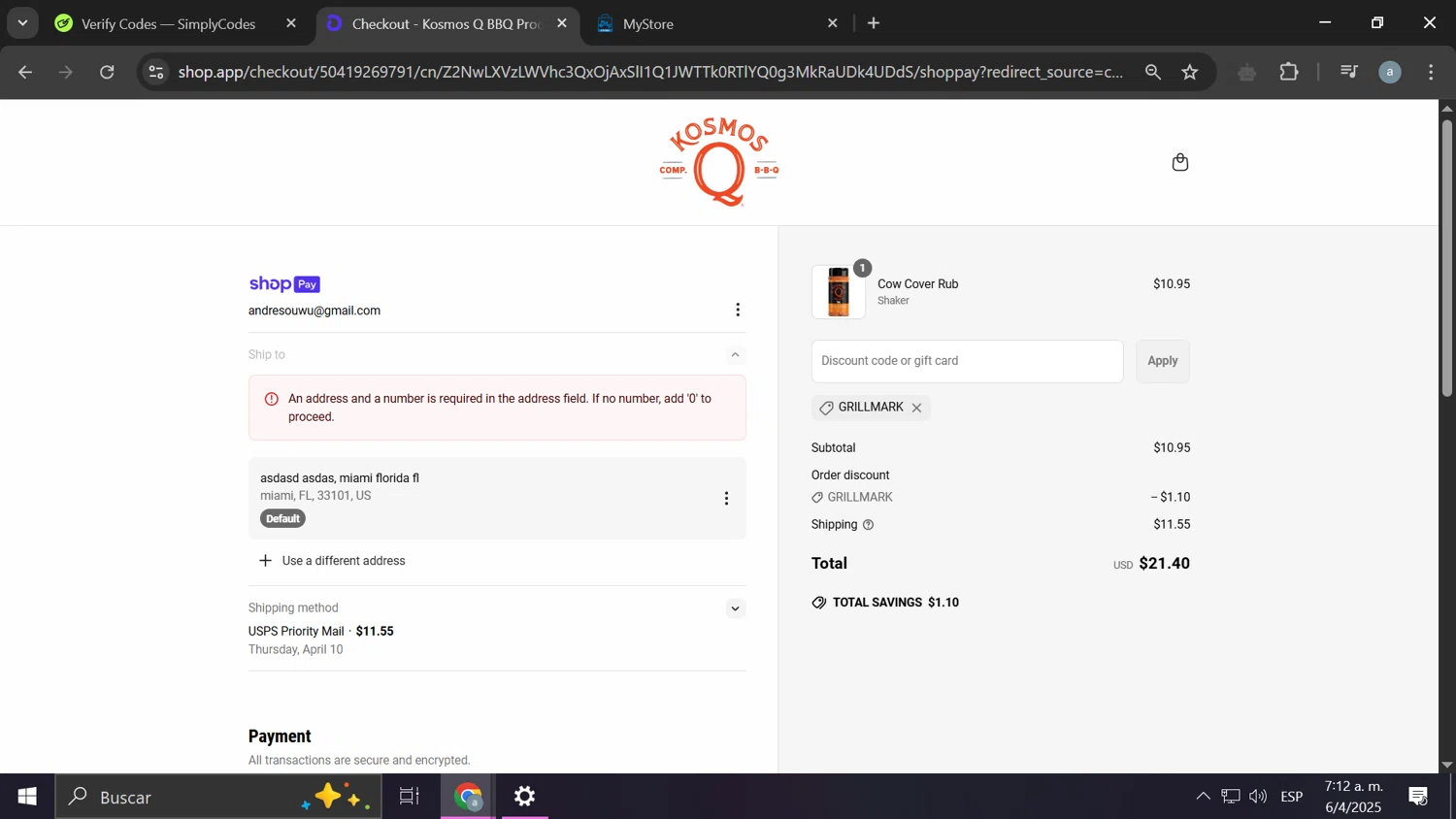KosmosQ discount code screenshot showing code GRILLMARK applied at KosmosQ checkout page. Uploaded by SimplyCodes community member Anderson on Apr 6, 2025