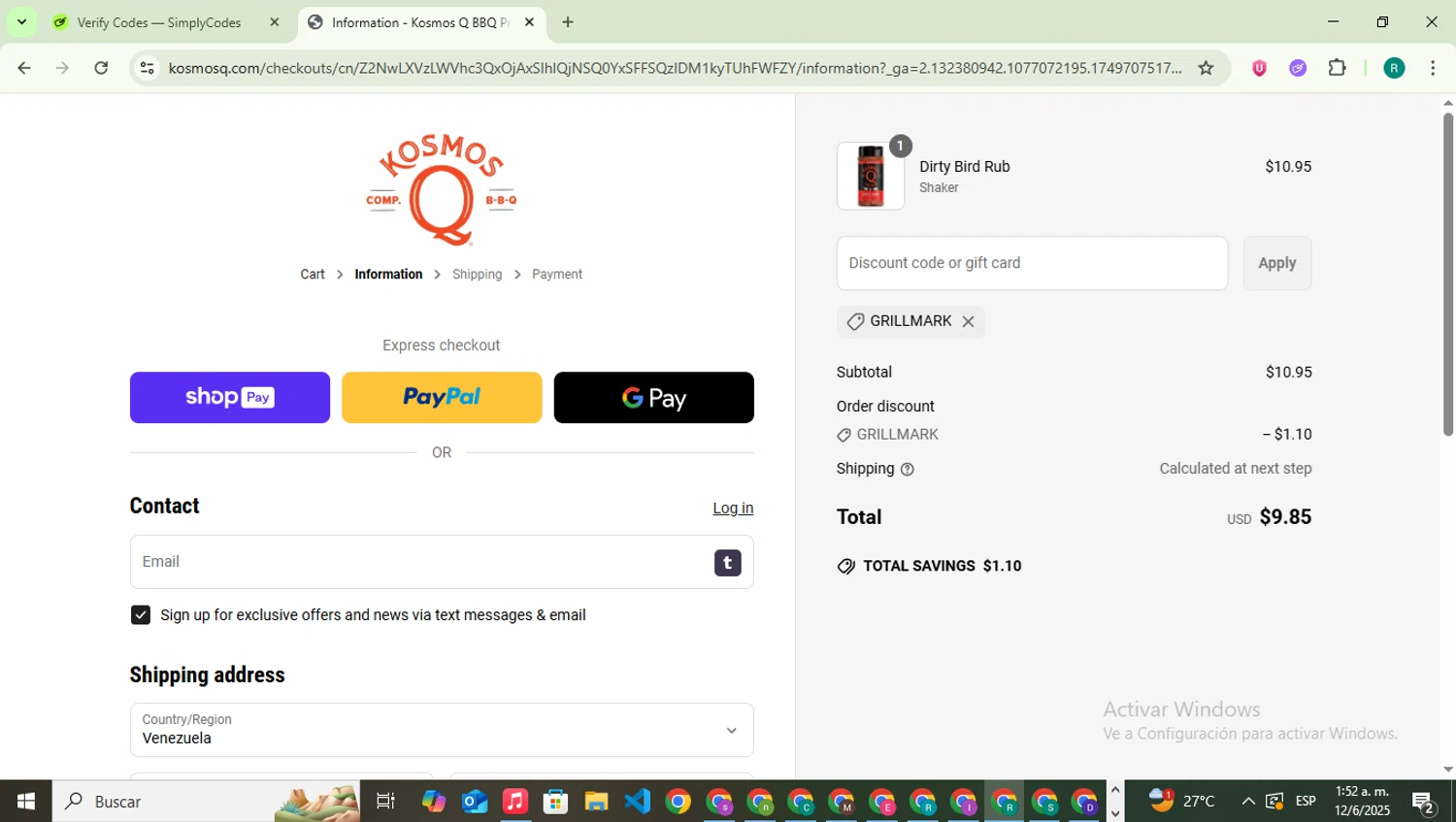 KosmosQ discount code screenshot showing code GRILLMARK applied at KosmosQ checkout page. Uploaded by SimplyCodes community member SavingsLegend387 on Jun 12, 2025