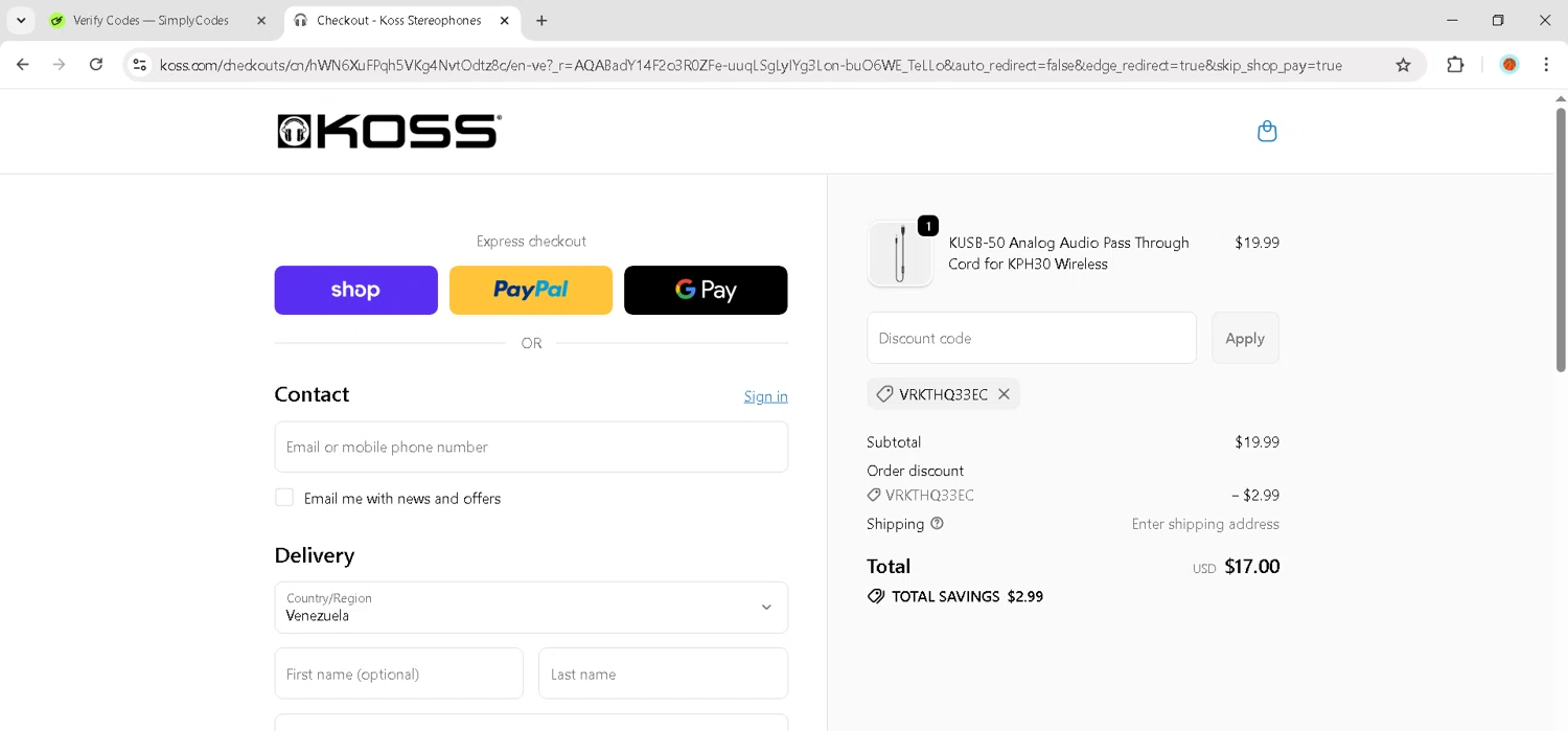 KOSS promo code screenshot showing code VRKTHQ33EC applied at KOSS checkout page. Uploaded by SimplyCodes community member JosephStevens774 on Dec 17, 2025