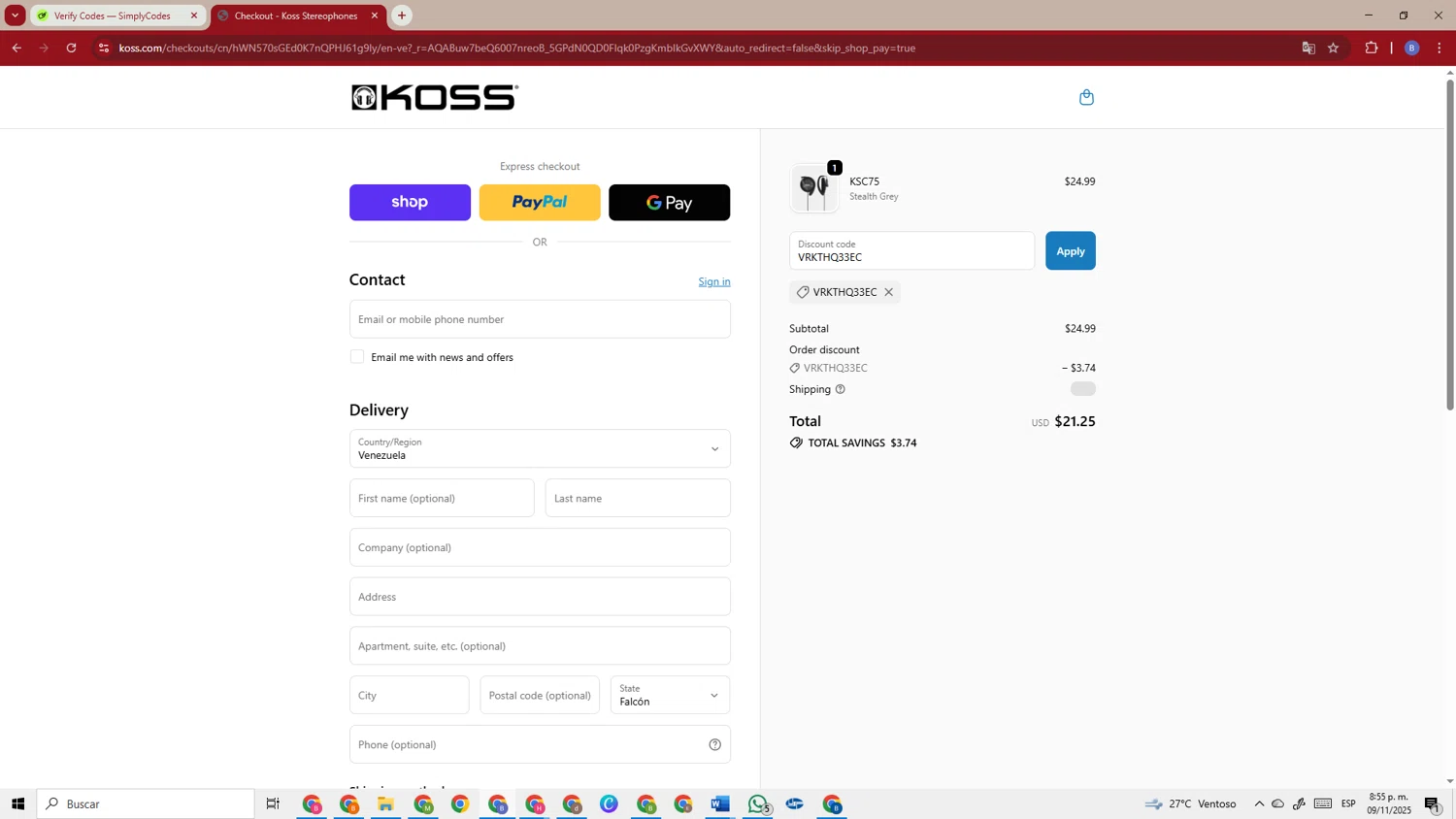 KOSS promo code screenshot showing code VRKTHQ33EC applied at KOSS checkout page. Uploaded by SimplyCodes community member TokenSentinel5304 on Nov 10, 2025