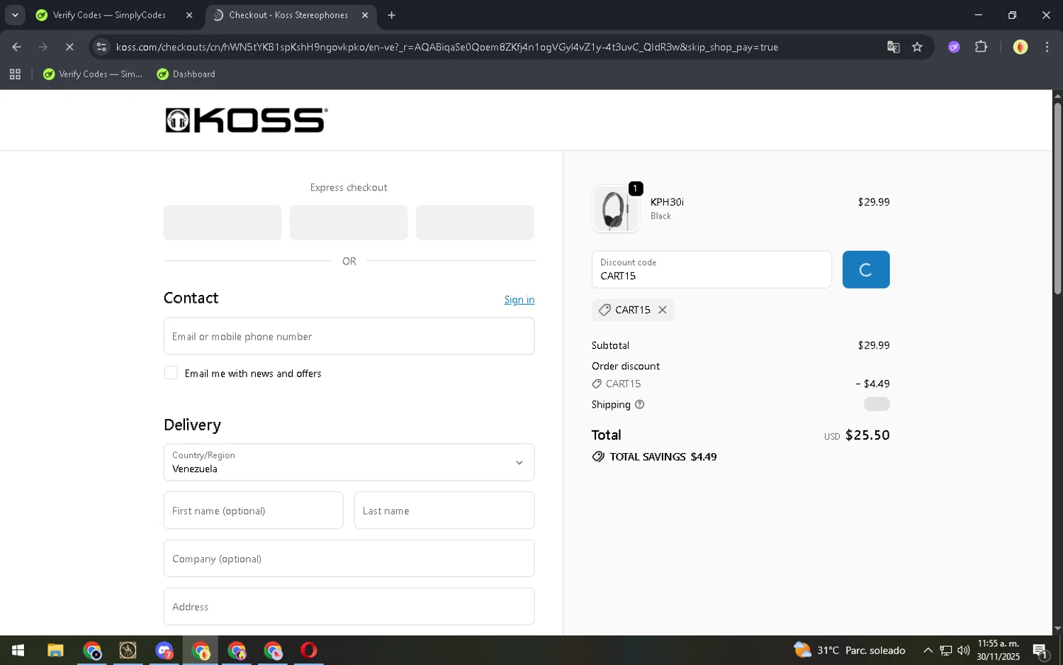 KOSS promo code screenshot showing code CART15 applied at KOSS checkout page. Uploaded by SimplyCodes community member NobleCurator2111 on Nov 30, 2025