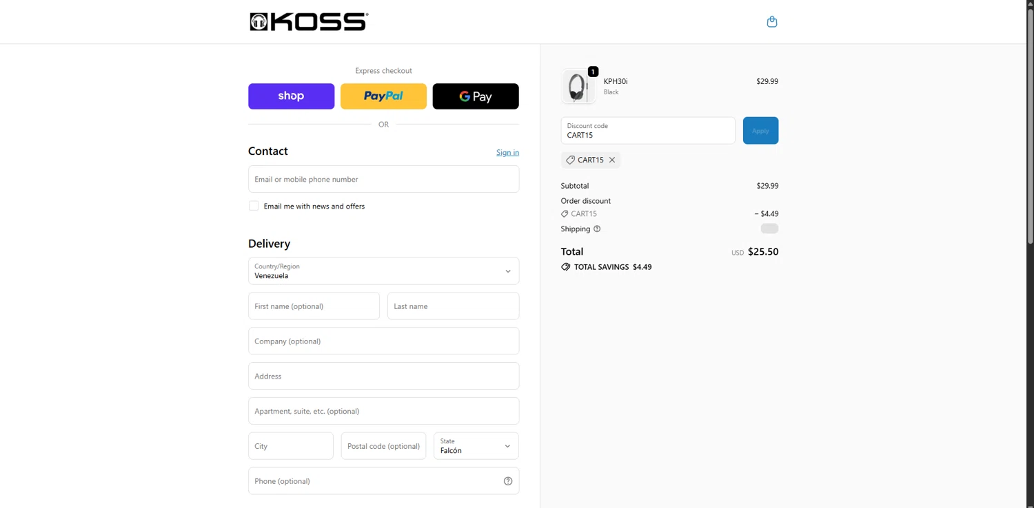 KOSS promo code screenshot showing code CART15 applied at KOSS checkout page. Uploaded by SimplyCodes community member RoyalVirtuoso4479 on Dec 6, 2025