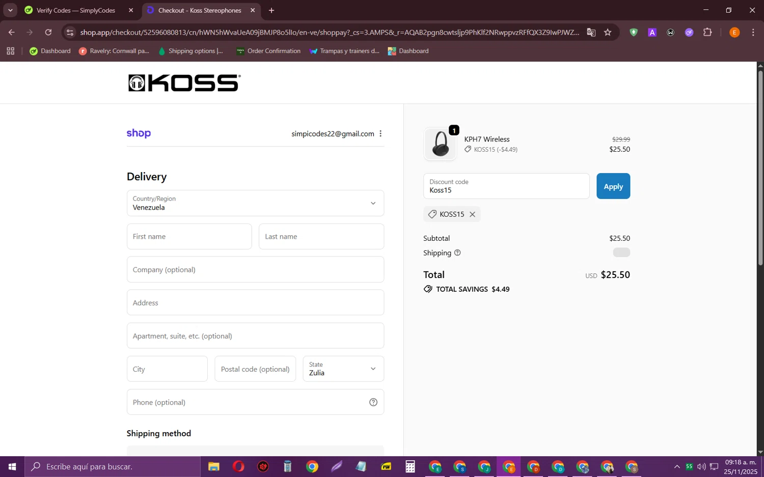 KOSS promo code screenshot showing code Koss15 applied at KOSS checkout page. Uploaded by SimplyCodes community member RewardFalcon3197 on Nov 25, 2025