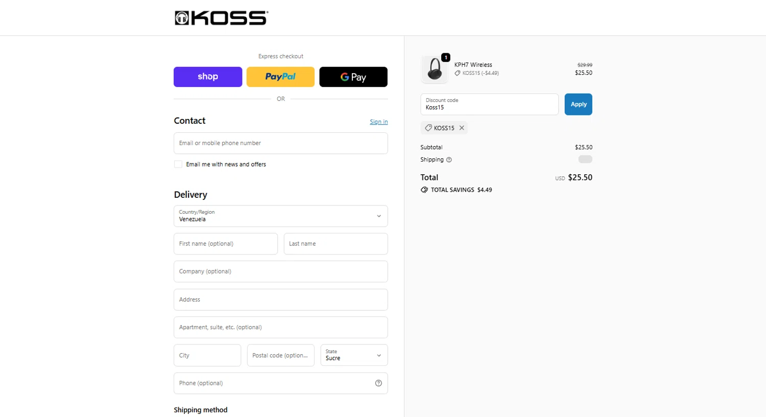 KOSS promo code screenshot showing code Koss15 applied at KOSS checkout page. Uploaded by SimplyCodes community member geraldineslares on Dec 11, 2025