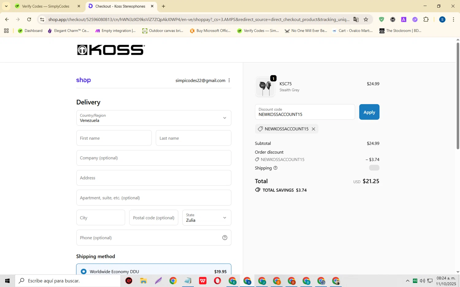 KOSS promo code screenshot showing code NEWKOSSACCOUNT15 applied at KOSS checkout page. Uploaded by SimplyCodes community member CleverOwl2485 on Oct 11, 2025