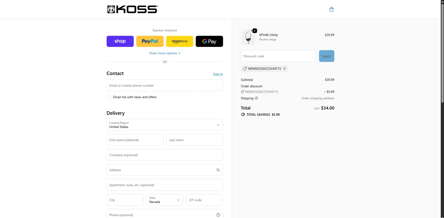 KOSS promo code screenshot showing code NEWKOSSACCOUNT15 applied at KOSS checkout page. Uploaded by SimplyCodes community member WonderVirtuoso3484 on Dec 6, 2025