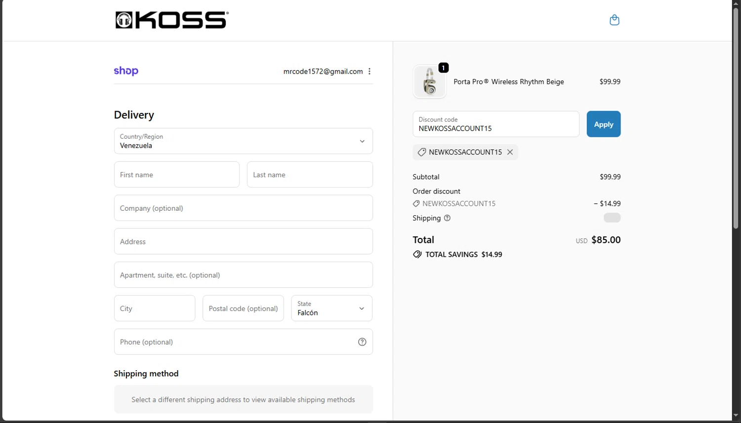 KOSS promo code screenshot showing code NEWKOSSACCOUNT15 applied at KOSS checkout page. Uploaded by SimplyCodes community member tokiio on Nov 15, 2025