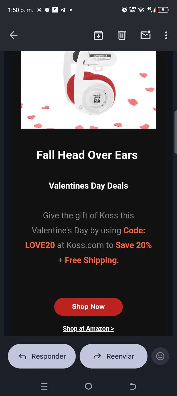 KOSS promo code screenshot showing code Love20 applied at KOSS checkout page. Uploaded by SimplyCodes community member kellymoreno on Feb 6, 2026