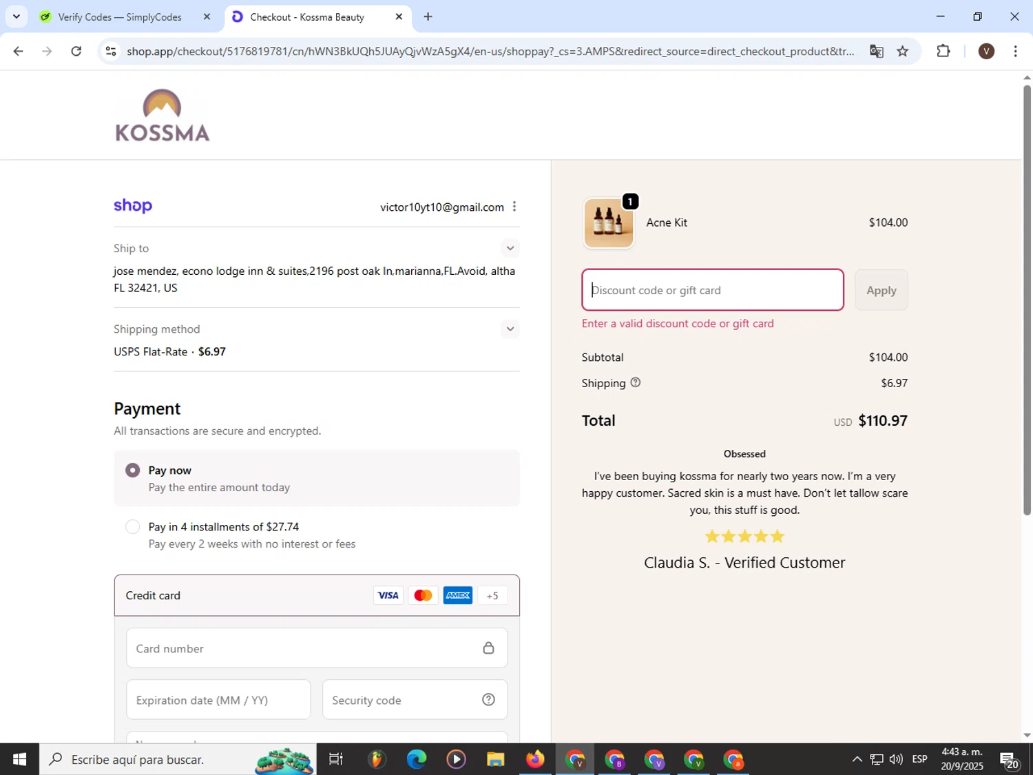 Kossma discount code screenshot showing code kossma2025 applied at Kossma checkout page. Uploaded by SimplyCodes community member CashLion3448 on Sep 20, 2025