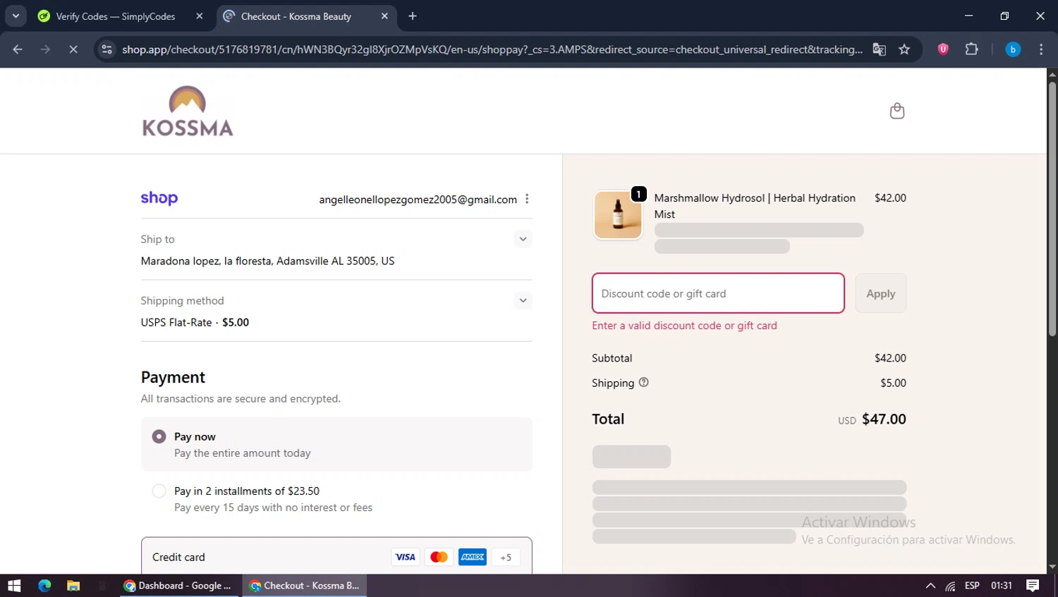 Kossma discount code screenshot showing code kossma2025 applied at Kossma checkout page. Uploaded by SimplyCodes community member bilijr on Sep 20, 2025