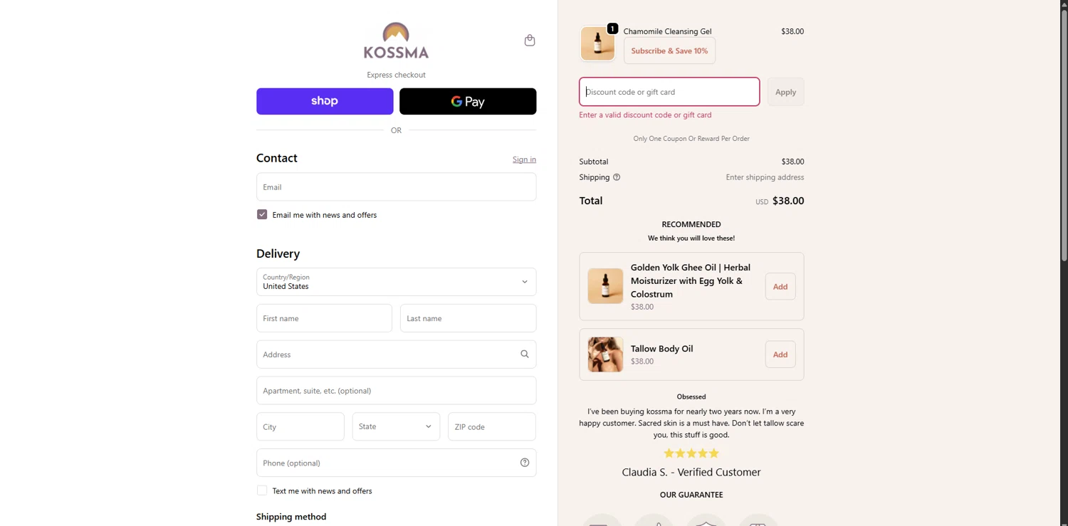 Kossma discount code screenshot showing code BF2025 applied at Kossma checkout page. Uploaded by SimplyCodes community member FortunateSeeker4672 on Dec 4, 2025