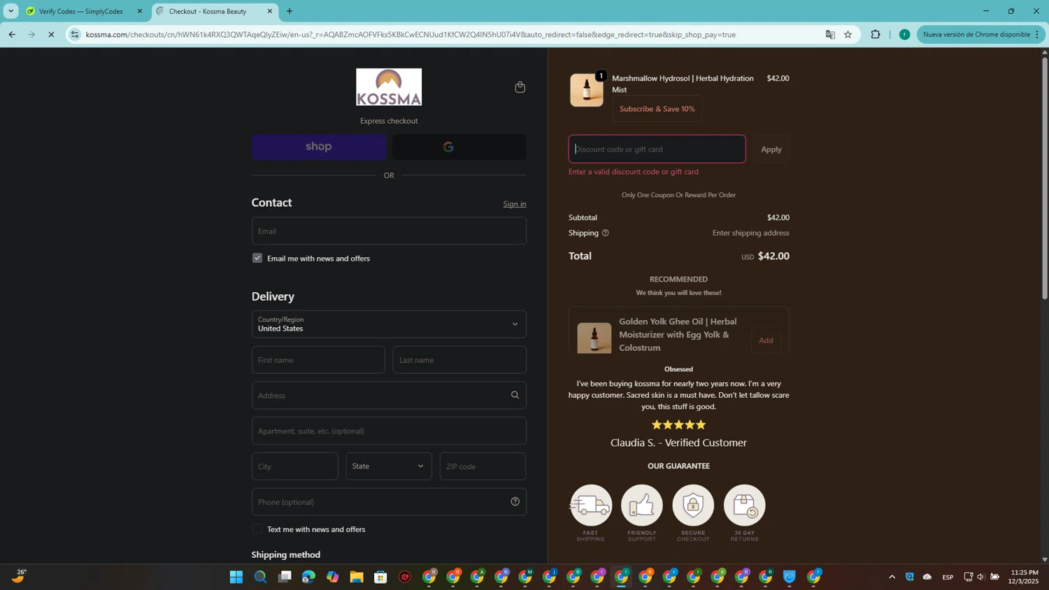 Kossma discount code screenshot showing code BF2025 applied at Kossma checkout page. Uploaded by SimplyCodes community member SavingsRanger5017 on Dec 4, 2025