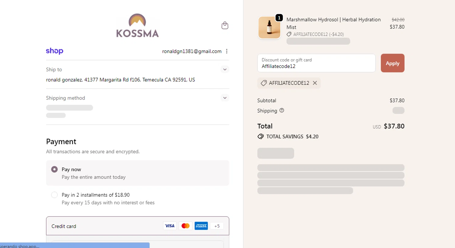 Kossma discount code screenshot showing code Affiliatecode12 applied at Kossma checkout page. Uploaded by SimplyCodes community member Josecaste on Jan 11, 2026