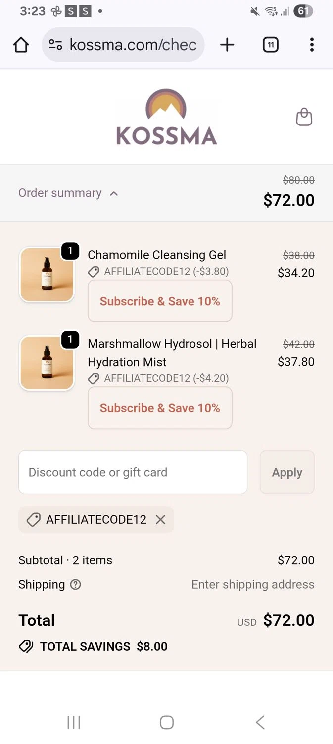 Kossma discount code screenshot showing code Affiliatecode12 applied at Kossma checkout page. Uploaded by SimplyCodes community member KarinaHZ on Dec 29, 2025