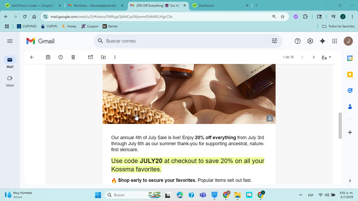 Kossma discount code screenshot showing code JULY20 applied at Kossma checkout page. Uploaded by SimplyCodes community member jorgejavierherrera on Jul 3, 2025