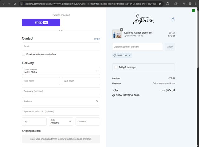 Kosterina checkout page showing Kosterina discount code box | Screenshot taken by SimplyCodes community member on Jul 22, 2025
