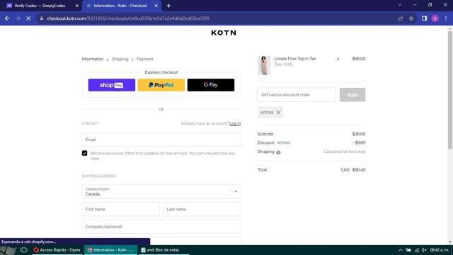 Kotn checkout page showing Kotn discount code box | Screenshot taken by SimplyCodes community member on Jul 20, 2023