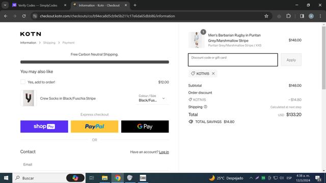 Kotn checkout page showing Kotn discount code box | Screenshot taken by SimplyCodes community member on Feb 12, 2024