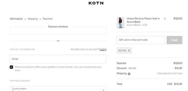 Kotn checkout page showing Kotn discount code box | Screenshot taken by SimplyCodes community member on Nov 12, 2022