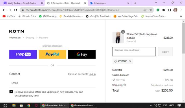 Kotn checkout page showing Kotn discount code box | Screenshot taken by SimplyCodes community member on Sep 14, 2023