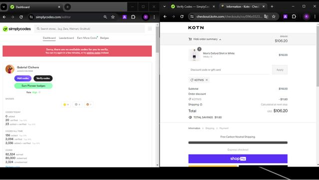 Kotn checkout page showing Kotn discount code box | Screenshot taken by SimplyCodes community member on Apr 15, 2024
