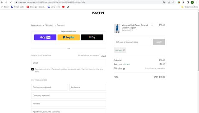 Kotn checkout page showing Kotn discount code box | Screenshot taken by SimplyCodes community member on Apr 26, 2022