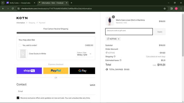 Kotn checkout page showing Kotn discount code box | Screenshot taken by SimplyCodes community member on Mar 27, 2024