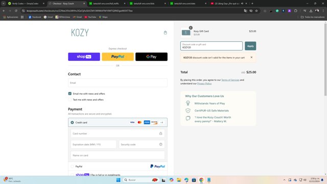 Kozy Couch checkout page showing Kozy Couch promo code box | Screenshot taken by SimplyCodes community member on Dec 12, 2024